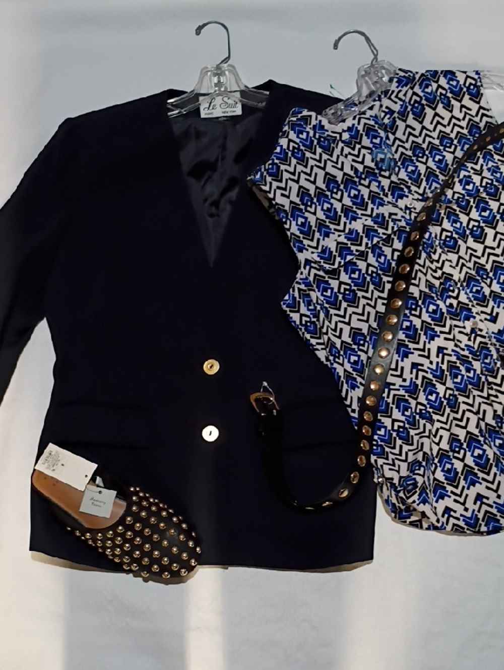 Le Suit Navy Blazer with Gold Accent Buttons